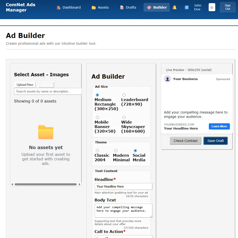 ComNet Ad Builder Interface - Interactive ad builder with real-time preview showing professional ad creation tools